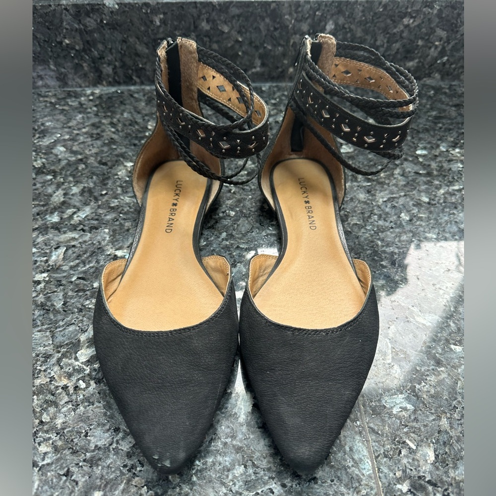 Lucky Brand Madoz Pointed Toe Ballet Flats Women’s Size 9 Black Leather Boho